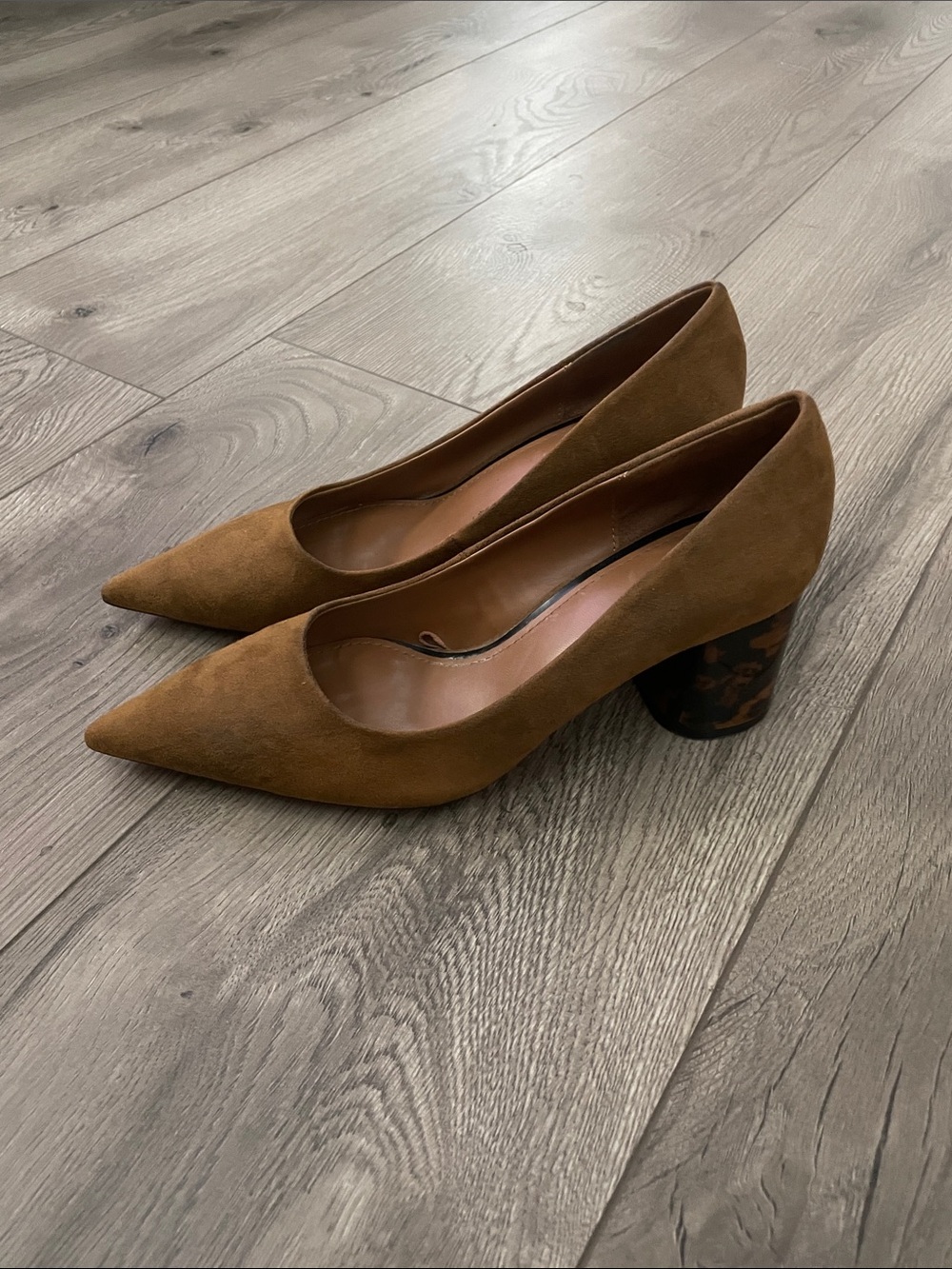 Zara Tortoiseshell Mid-Heel Pointed-Toe Pumps in Brown Suede Sz:37 6.5